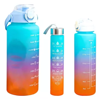 Motivační sportovní láhev 3v1, 2000 ml + 900 ml + 300 ml, Černá