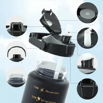 Motivační sportovní láhev 3v1, 2000 ml + 900 ml + 300 ml, Černá