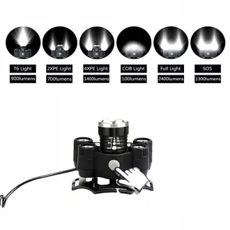 Čelovka CREE 1 x XM-L T6 + 4 x silný Q5 bílý + 1 x silný COB + ZOOM pásek