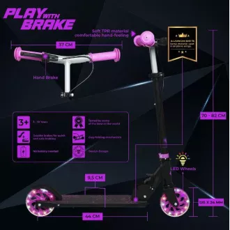 Dětská koloběžka Story Play s ruční brzdou, led kolečka, fialová