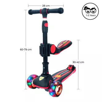 Dětská tříkolová koloběžka Story 2v1 Deluxe se svítícími kolečky mini scooter, černo-červená