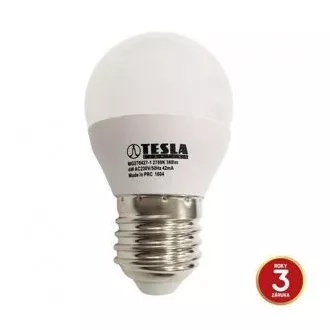 TESLA - LED MG270427-1, žárovka mini BULB E27, 4W, 230V, 320lm, 15 000h, 2700K teplá bílá, 180°