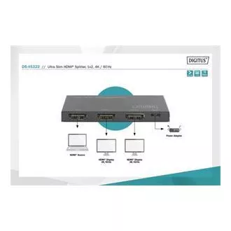 Digitus Ultra tenký HDMI Rozbočovač, 1x2, 4K / 60Hz HDR, HDCP 2.2, 18 Gbps, Micro USB napájeno
