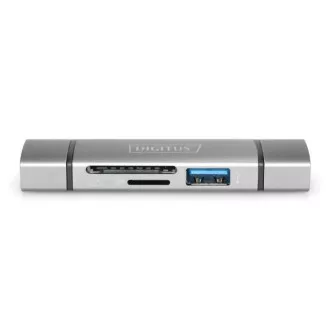 Digitus dvojitá čtečka karet OTG (USB-C + USB 3.0) 1x SD, 1x MicroSD, 1x USB 3.0, šedá