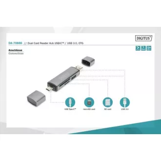 Digitus dvojitá čtečka karet OTG (USB-C + USB 3.0) 1x SD, 1x MicroSD, 1x USB 3.0, šedá