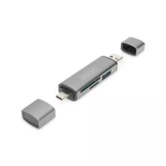 Digitus dvojitá čtečka karet OTG (USB-C + USB 3.0) 1x SD, 1x MicroSD, 1x USB 3.0, šedá