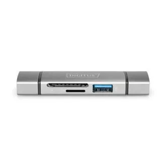 Digitus dvojitá čtečka karet OTG (USB-C + USB 3.0) 1x SD, 1x MicroSD, 1x USB 3.0, šedá