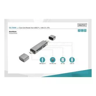 Digitus dvojitá čtečka karet OTG (USB-C + USB 3.0) 1x SD, 1x MicroSD, 1x USB 3.0, šedá