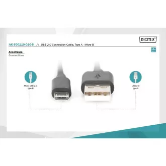 Digitus USB 2.0 kabel USB A samec na USB micro B samec, 2x stíněný, Měď, 1m