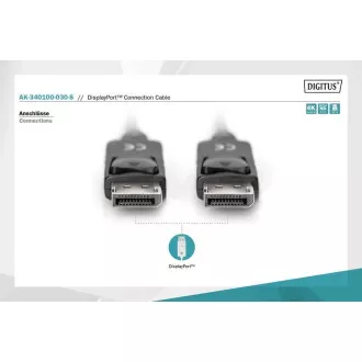 Digitus Připojovací kabel DisplayPort 1.2, DP M/M, 3,0 m, se západkou, Ultra HD 4K, bl