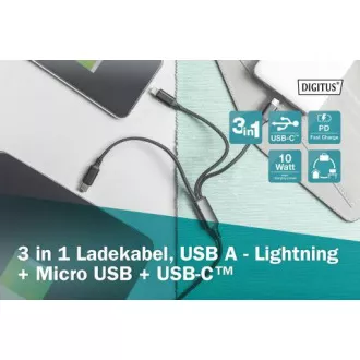USB nabíjecí kabel, 3 v 1 , USB A - Lightning+micro B+Type-C 1m, kabel, bavlna, CE, bl USB nabíjecí kabel, 3 v 1 , USB A - Lightning+micro B+Type-C 1m, kabel, bavlna, CE, bl
