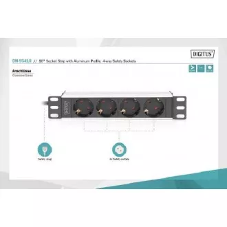 DIGITUS 10" zásuvkový pás s hliníkovým profilem, 4-cestné bezpečnostní zásuvky DIGITUS 10" zásuvkový pás s hliníkovým profilem, 4-cestné bezpečnostní zásuvky
