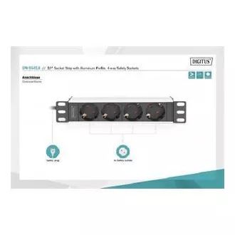 DIGITUS 10" zásuvkový pás s hliníkovým profilem, 4-cestné bezpečnostní zásuvky DIGITUS 10" zásuvkový pás s hliníkovým profilem, 4-cestné bezpečnostní zásuvky