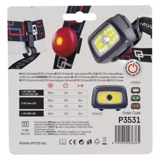 Emos LED čelovka P3531, 330 lm, 65m, 1x CREE + 1x COB + červená zadní LED, 3x AAA +CR2032