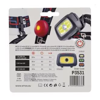 Emos LED čelovka P3531, 330 lm, 65m, 1x CREE + 1x COB + červená zadní LED, 3x AAA +CR2032