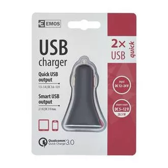 Emos napájecí zdroj USB CL 12/24V QuickCharge3.0, 3A (28.5W), 2x USB, do auta