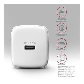 AXAGON ACU-PD20W, nabíječka do sítě 20W, 1x port USB-C, PD3.0/PPS/QC4+/AFC/Apple, bílá