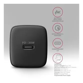 AXAGON ACU-PD30, Sil nabíječka do sítě 30W, 1x port USB-C, PD3.0/PPS/QC4+/SFC/AFC/Apple, černá