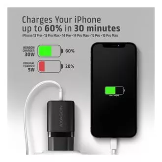 AXAGON ACU-PD30, Sil nabíječka do sítě 30W, 1x port USB-C, PD3.0/PPS/QC4+/SFC/AFC/Apple, černá