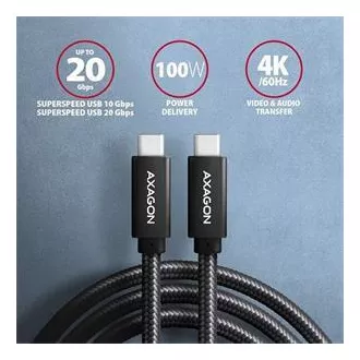 AXAGON BUCM32-CM05AB, SPEED+ kabel USB-C <-> USB-C, 0.5m, USB 20Gbps, PD 100W 5A, 4K HD, ALU, oplet, černý