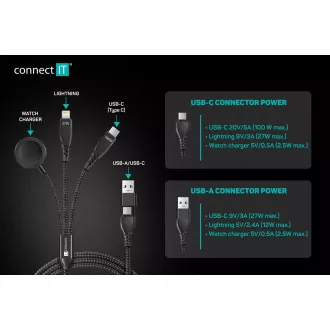 CONNECT IT Wirez 6in1 1x USB-C 1x Lightning 1x Watch charger 1,25 m ČERNÝ