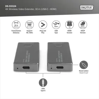 DIGITUS DS-55324 4K Wireless Video Extender Set, 30 m (USB-C - HDMI) DIGITUS DS-55324 4K Wireless Video Extender Set, 30 m (USB-C - HDMI)