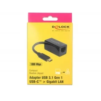 Delock Adaptér Super Speed USB (USB 3.1 Gen 1) s USB Type-C™ samec > Gigabit LAN 10/100/1000 Mbps kompaktní černý Delock Adaptér Super Speed USB (USB 3.1 Gen 1) s USB Type-C™ samec > Gigabit LAN 10/100/1000 Mbps kompaktní černý