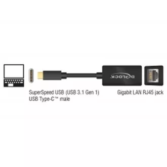 Delock Adaptér Super Speed USB (USB 3.1 Gen 1) s USB Type-C™ samec > Gigabit LAN 10/100/1000 Mbps kompaktní černý Delock Adaptér Super Speed USB (USB 3.1 Gen 1) s USB Type-C™ samec > Gigabit LAN 10/100/1000 Mbps kompaktní černý