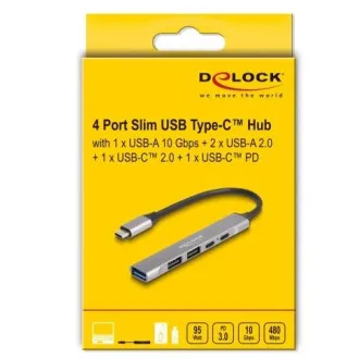 Delock 4-portový tenký Hub USB Type-C™ mající 1 x USB 10 Gbps Typ-A + 2 x USB 2.0 Typ-A + 1 x USB 2.0 USB Type-C™ a PD 9 Delock 4-portový tenký Hub USB Type-C™ mající 1 x USB 10 Gbps Typ-A + 2 x USB 2.0 Typ-A + 1 x USB 2.0 USB Type-C™ a PD 9