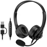 Genius HS-235U AI, Headset, drátový, náhlavní, mikrofon, Copilot, ovládání hlasitosti, kabel 2,4m, USB-C, USB, černý