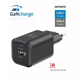 SWISSTEN SÍŤOVÝ ADAPTÉR GaN 1x USB-C 45W PD + 1x USB-A 18W QC ČERNÝ SWISSTEN SÍŤOVÝ ADAPTÉR GaN 1x USB-C 45W PD + 1x USB-A 18W QC ČERNÝ