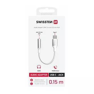 SWISSTEN AUDIO ADAPTÉR TEXTILE USB-C (samec) / 3,5mm AUX 0,15 M BÍLÝ (nahrazuje 73501302)