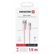 SWISSTEN DATOVÝ KABEL TEXTILE II USB / USB-C 1,5 M RŮŽOVÝ