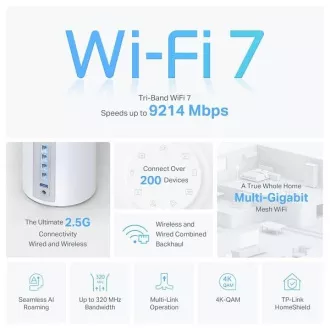 TP-Link Deco BE65(1-pack) BE9300 Třípásmový systém Mesh WiFi 7 pro celou domácnost, 4x 2.5GLAN, USB, 2,4/5/6GHz, HomeShi