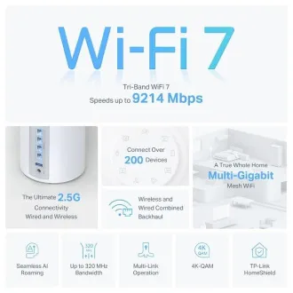TP-Link Deco BE65(1-pack) BE9300 Třípásmový systém Mesh WiFi 7 pro celou domácnost, 4x 2.5GLAN, USB, 2,4/5/6GHz, HomeShi - Rozbalené