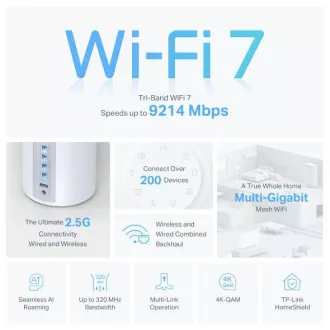 TP-Link Deco BE65(3-pack) BE9300 Třípásmový systém Mesh WiFi 7 pro celou domácnost, 4x 2.5GLAN, USB, 2,4/5/6GHz, HomeShi