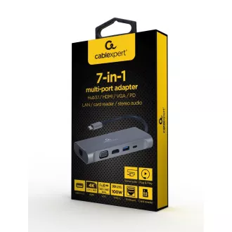 Gembird USB-C 7v1 multiport USB 3.0 + HDMI + VGA + PD + čtečka karet + stereo audio Gembird USB-C 7v1 multiport USB 3.0 + HDMI + VGA + PD + čtečka karet + stereo audio