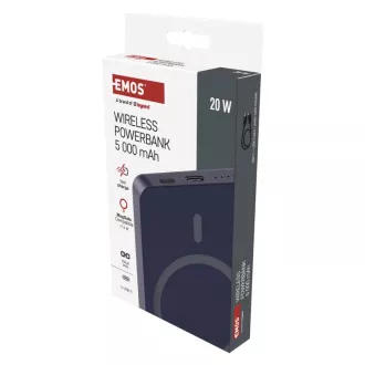 EMOS POWERBANKA WI 522, bezdrátové nabíjení 20W, 5.000mAh, MODRÁ, 1xUSB-C