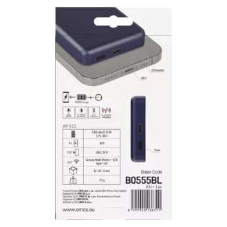 EMOS POWERBANKA WI 522, bezdrátové nabíjení 20W, 5.000mAh, MODRÁ, 1xUSB-C