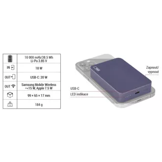 EMOS POWERBANKA WI 1046, bezdrátové nabíjení 20W, 10.000mAh, MODRÁ, 1xUSB-C