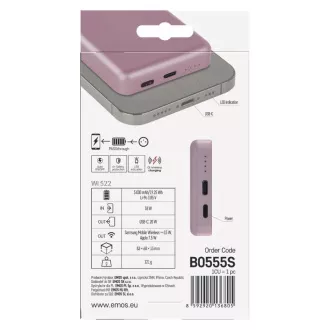 EMOS POWERBANKA WI 522, bezdrátové nabíjení 20W, 5.000mAh, LOSOSOVÁ, 1xUSB-C