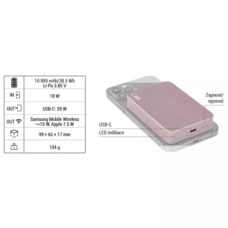 EMOS POWERBANKA WI1046, bezdrátové nabíjení 20W, 10.000mAh, LOSOSOVÁ, 1xUSB-C