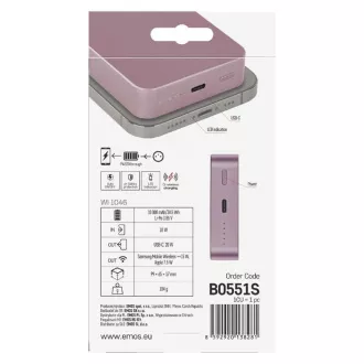 EMOS POWERBANKA WI1046, bezdrátové nabíjení 20W, 10.000mAh, LOSOSOVÁ, 1xUSB-C