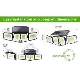 Venkovní solární LED světlo s pohybovým senzorem VIKING S180/1200lm/2200mAh/3 režimy/IP65