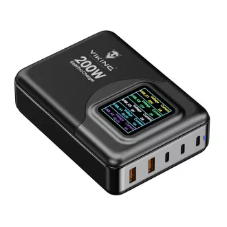 Viking USB GaN charger 200W PD PRO/síťový adaptér/Output:3xUSB-C,2xUSB-A/Rychlo nabíjení/