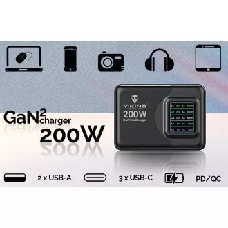 Viking USB GaN charger 200W PD PRO/síťový adaptér/Output:3xUSB-C,2xUSB-A/Rychlo nabíjení/
