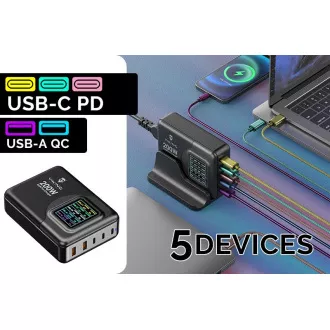 Viking USB GaN charger 200W PD PRO/síťový adaptér/Output:3xUSB-C,2xUSB-A/Rychlo nabíjení/