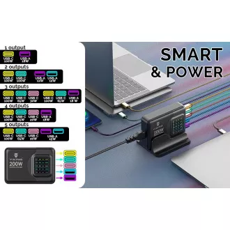 Viking USB GaN charger 200W PD PRO/síťový adaptér/Output:3xUSB-C,2xUSB-A/Rychlo nabíjení/