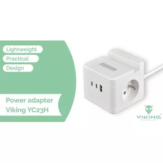 Síťový adaptér VIKING YC23H, černá/Output:2xAC,1xUSB-A,2xUSB-C/držák na mobil/LED světlo/1,4m kabel