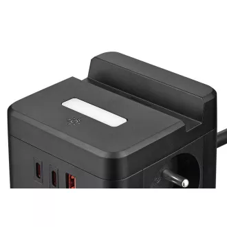 Síťový adaptér VIKING YC23H, černá/Output:2xAC,1xUSB-A,2xUSB-C/držák na mobil/LED světlo/1,4m kabel